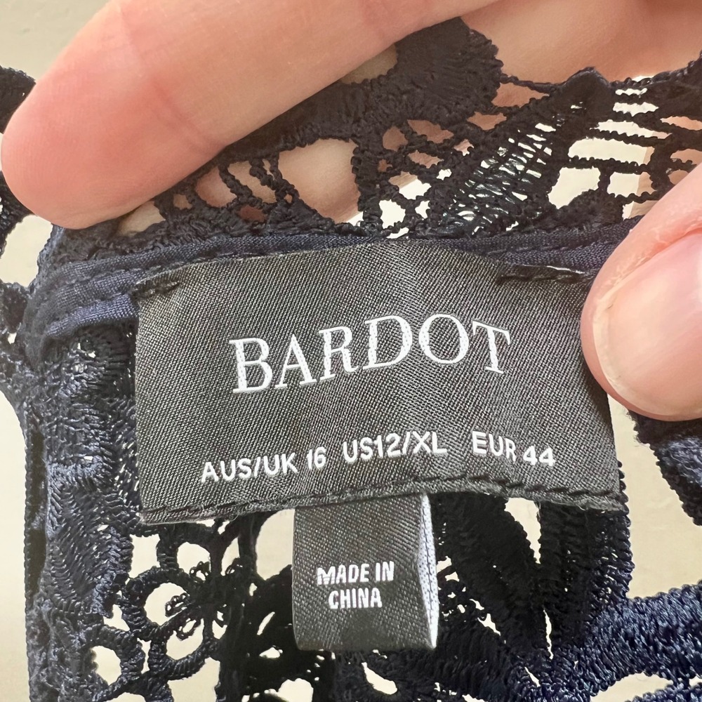 Bardot Navy Blue Floral Guipure Lace High Neck Tiered Cocktail Dress Size 12 - Picture 9 of 9